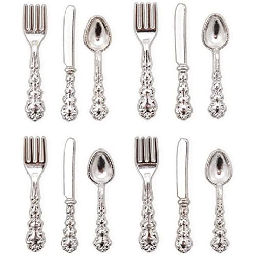 KYEQATY 1/12 Skala Puppenhaus Miniatur Besteck von Gabel Spoon Silber Puppenhaus Küchenzubehör Silber 12pcs Weihnachtsschmuck von KYEQATY