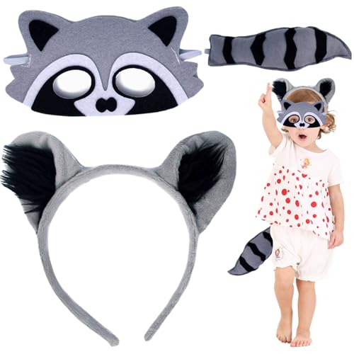 KYEQATY 3pcs Raccoon Kostüm lustige Waschbär Hair Band Mask Tail Wacoon Kostüm weich für Cosplay Raccoon Kostüm Erwachsene für Kinder Erwachsene Mann Frauen Halloween Weihnachtsdekoration von KYEQATY