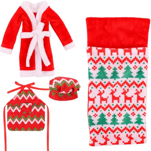 KYEQATY Elf Accessoires 4pcs niedliche Mini Weihnachtsfest-Elf-Kit mit Schürze Schlafsack Bademantel Chef Hut Elf Puppenzubehör für Puppendekorationen 26-30 cm von KYEQATY