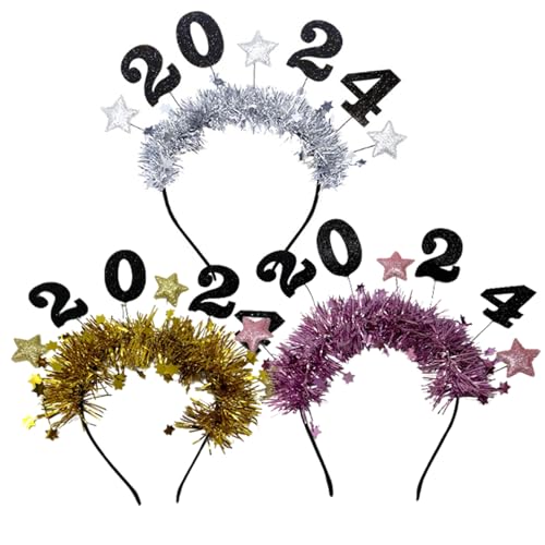 KYEQATY Frohes Neues Jahr Stirnband 3pcs Golden/Silber/Rose Red Neujahr Dekorationen 2024 Glitter -Pailletten Stars Tassel Silvester Partyzubehör für Frauen Kinder Kinder Spielzeugzubehör von KYEQATY