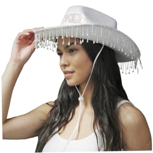 KYEQATY Kuhgirlhut Western Braut weißer Cowboyhut breiter Krempel Strass Strass Quasten Hut Frauen Sommer Beach Sun Cap Kid Spiel Spielzeug Accessoire von KYEQATY