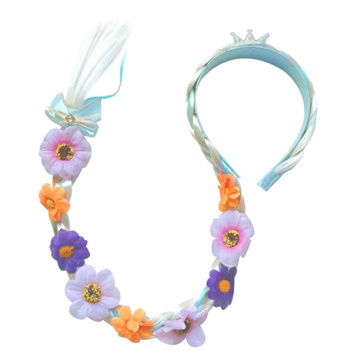 KYEQATY Rapunzel -Perücke für Kinder geflochtene Perücken Stirnbänder Rapunzel Haare mit Tiara Blumen schmelzte Perücke für Mädchen Prinzessin Dress Up Accessoires Style 2 von KYEQATY