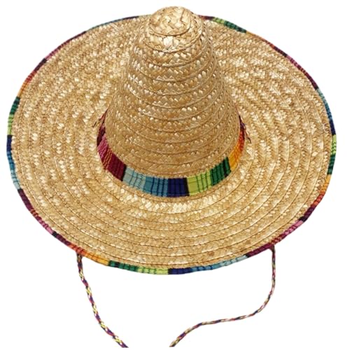 KYEQATY Sombrero Hut 17 Zoll mexikanischer Hut Leichter atmungsaktivem Strohhut mit Kinnstrap und Regenbogenkante rustikale Sommerstrandhüte mit breitem Rand für Frauen mexikanische Partykostüm von KYEQATY