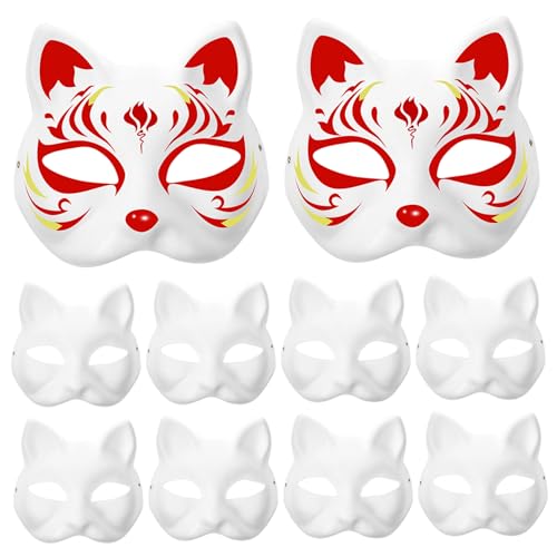 KYEQATY Therian Maske 10pcs Blanke Katzenmasken, Farbe Papierfuchsmaske, DIY halb weiße Maskerade -Maske mit Elastizität Band für Halloween Cosplay -Masken Kostümparty Gefällt Mir Kinderspielzeug. von KYEQATY