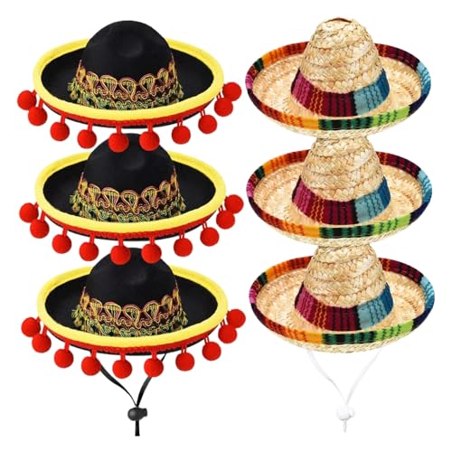 Mini sombrero hüte 6pcs kleine sombrero party Hüte mit verstellbarem Kinngurt mexikanische Party Gefälligkeiten für Menschen Haustier mexikanische Party Dekorationen Kinngurt Kinder Spielzeug Spiel von KYEQATY