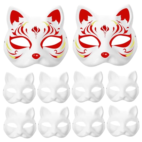 Therian Mask 10pcs Blank Cat Masken Packbare Papierfuchs Maske DIY halbe weiße Maskerade Maske mit Elastizität Band für Halloween -Cosplay -Masken -Kostümparty bevorzugt Kinder Spielzeug Kinderspie von KYEQATY