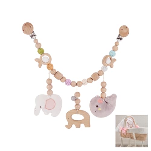 KYKEZ Kinderwagenkette Holz, Kinderwagen Kette für Babys, Kinderwagenkette Mädchen Junge, Kinderwagen Spielzeug mit Glocke, für ab 0+ Monaten (Wal + Elefant) von KYKEZ