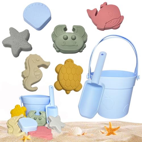 KYKEZ Sandspielzeug Set Silikon, Strandspielzeug Kinder, Sandkasten Spielzeug aus Silikon, Nachhaltiges Sandspielzeug Junge Mädchen mit Eimer Schaufel für Strand, Garten (8PCS/Blau) von KYKEZ