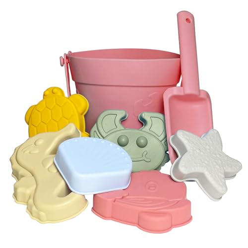 KYKEZ Strandspielzeug Kinder, Sandspielzeug Set Silikon, Sandkasten Spielzeug aus Silikon, Nachhaltiges Sandspielzeug Junge Mädchen mit Eimer Schaufel für Strand, Garten (8PCS/Rosa) von KYKEZ