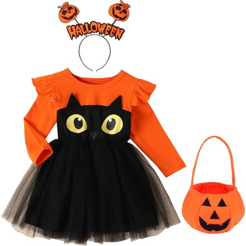 3er Kürbis Kostüm Kinder Set,Halloween Kostüm Kleinkind Kürbis Kleid mit Haarreif ＆ Tasche,18-24 Monate Kürbiskostüm Baby Mädchen Pumpkin Costume Halloween Fancy Dress Outfits Cosplay Kostüme von KYOEOE