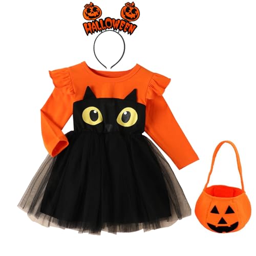 3er Kürbis Kostüm Kinder Set,Halloween Kostüm Kleinkind Kürbis Kleid mit Haarreif ＆ Tasche,3-5 Jahre Kürbiskostüm Mädchen Pumpkin Costume Halloween Fancy Dress Outfits Cosplay Kostüme von KYOEOE