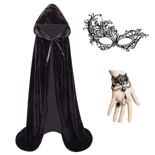 3er Schwarzer Umhang mit Kapuze Set,140/150/170cm Halloween Umhang Samt mit Maske & Gothic Finger Kette Vampir Umhang Damen Darth Vader Mittelalter Cape Vampire Kostüm für Karneval Fasching Partys von KYOEOE