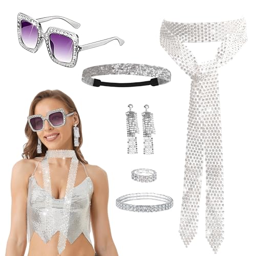 6 Stück Disco Kostüm Damen Zubehör Set,70er 80er Jahre Kostüm Damen Glitzer Disco Outfit Accessories für Fasching Party Karneval Kostüm Paillettenhalsband Sonnenbrille Ohrringe Stirnband (Silber) von KYOEOE