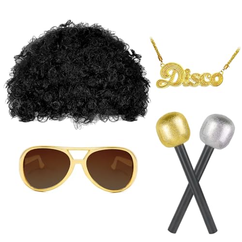 5 Stück Disco Kostüm Herren 70er 80er Jahre Disco Outfit Hippie Goldkette Perücke Männer Rapper Mikrofon,Hippie Kostüm Mann Abba Kostüm Hiphop Accessoires für Karneval Fasching Mottoparty von KYOEOE