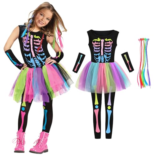 Buntes Skelett Kostüm Kinder mit Faszinierend Haarverlängerungen,Skeleton Sensenmann Kostüm Mädchen Halloween Kostüm Deluxe Grim Reaper Kostüme Set für Halloween Karneval Dress Up Partys von KYOEOE