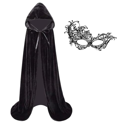 Halloween Kostüm Damen Schwarzer Umhang mit Maske Set,140/150/170cm Samt Umhang mit Kapuze Vampir Umhang Darth Vader Mittelalter Cape für Halloween Karneval Fasching Partys Maskerade Kostüme von KYOEOE