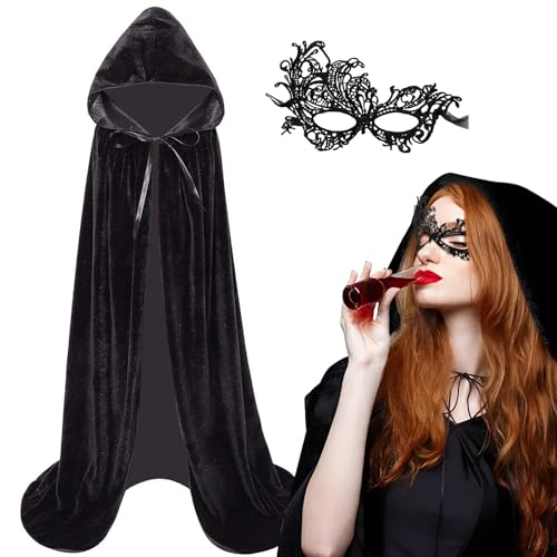 Halloween Kostüm Damen Schwarzer Umhang mit Maske Set,140/150/170cm Samt Umhang mit Kapuze Vampir Umhang Darth Vader Mittelalter Cape für Halloween Karneval Fasching Partys Maskerade Kostüme von KYOEOE