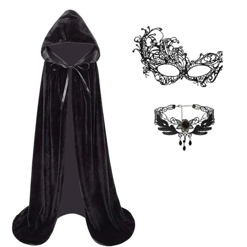 Halloween Umhang Damen mit Maske & Halskette,3er Samt Schwarzer Umhang mit Kapuze Set 140/150cm Halloween Kostüm Vampir Umhang Schwarz Cape Mantel für Halloween Karneval Cosplay Party Maskerade von KYOEOE