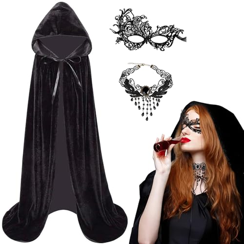 Halloween Umhang Damen mit Maske & Halskette,3er Samt Schwarzer Umhang mit Kapuze Set 140/150cm Halloween Kostüm Vampir Umhang Schwarz Cape Mantel für Halloween Karneval Cosplay Party Maskerade von KYOEOE