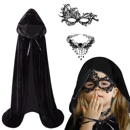 Halloween Umhang Kinder mit Maske & Halskette,3er Samt Schwarzer Umhang mit Kapuze Set 120/140cm Halloween Kostüm Vampir Umhang Schwarz Cape Mantel für Halloween Karneval Cosplay Party Maskerade von KYOEOE