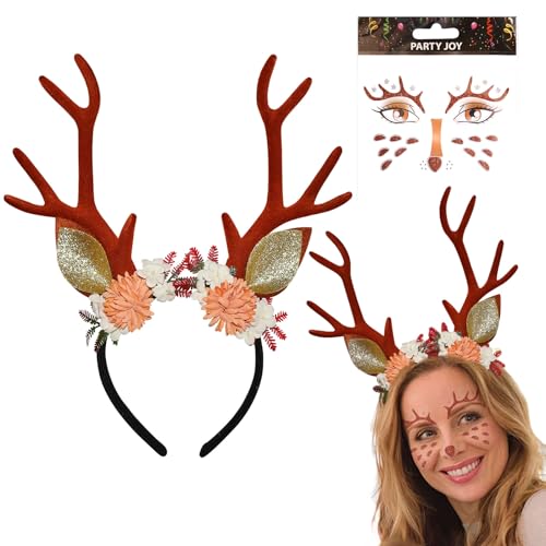 KYOEOE Geweih Haarreif Damen,Rentier Haarreif mit Blumen,Reh Haarreif Damen mit Hirsch Gesichtstattoo, Haarreif Hirschgeweih Headband Rehkostüm Damem Karneval Faschingskostüme Damen Reh Accessoires von KYOEOE