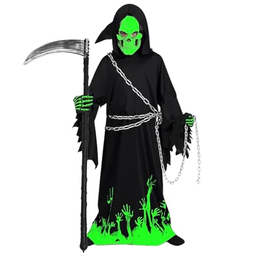 Sensenmann Kostüm Kinder mit Sense & Taillenkette,Deluxe Glow in The Dark Halloween Kostüm Jungen Sensenmann Gruselig Grim Reaper Costume für Halloween Karneval Fancy Dress von KYOEOE