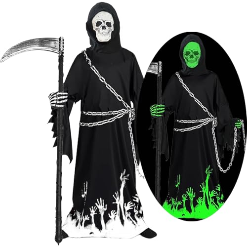 Sensenmann Kostüm Kinder mit Sense & Taillenkette,Deluxe Glow in The Dark Halloween Kostüm Jungen Sensenmann Gruselig Grim Reaper Costume für Halloween Karneval Fancy Dress von KYOEOE