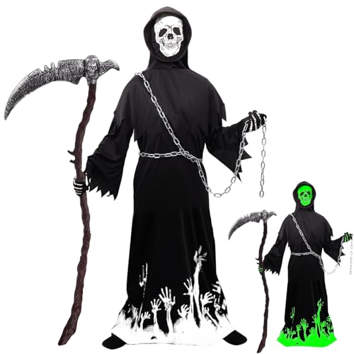 Sensenmann Kostüm Kinder mit Sense & Taillenkette,Deluxe Glow in The Dark Halloween Kostüm Jungen Sensenmann Gruselig Grim Reaper Costume für Halloween Karneval Fancy Dress Sensenmann Kostüm Kinder mit Sense & Taillenkette,Deluxe Glow in The Dark Halloween Kostüm Jungen Sensenmann Gruselig Grim Reaper Costume für Halloween Karneval Fancy Dress von KYOEOE