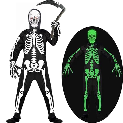 Skelett Kostüm Kinder mit Geist Accessoire Set,Halloween Kostüm Skelett Leuchtet im Dunkeln Jungen Mädchen Kostüme Sensenmann Grim Reaper für Halloween Karneval Skelett Fancy Dress Up von KYOEOE