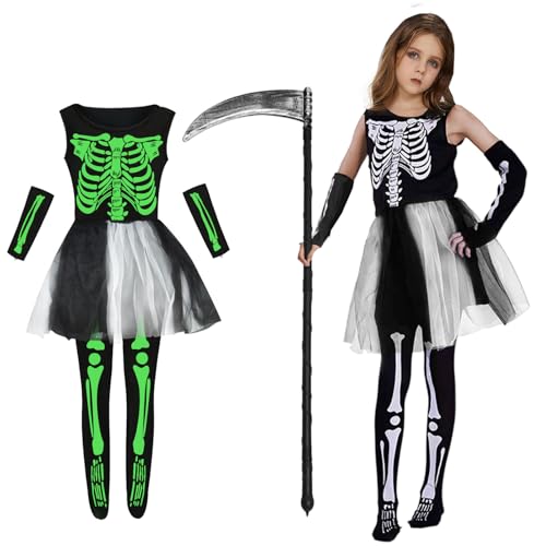 Skelett Kostüm Mädchen Leuchtet im Dunkeln mit Sense,Halloween Sensenmann Kostüm Kinder Reaper Kostüm für Halloween Karnevals Dress Up Party von KYOEOE