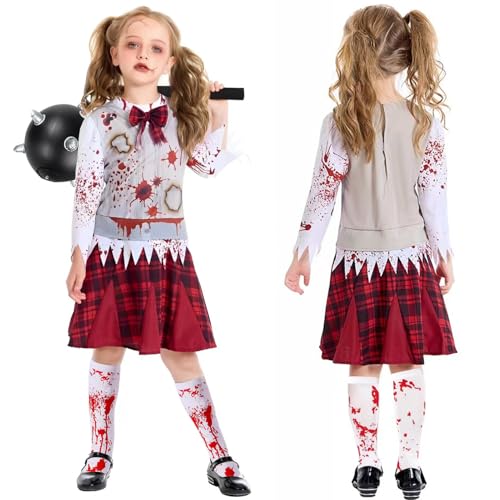 Halloween Kostüm Zombie Mädchen,Zombie Kostüm Kinder mit Meteorhammer Requisiten,5-12 Jahre Gruselige Zombie Cheerleader Kostüm Mädchen Horror für Halloween Karnevals Cosplay von KYOEOE