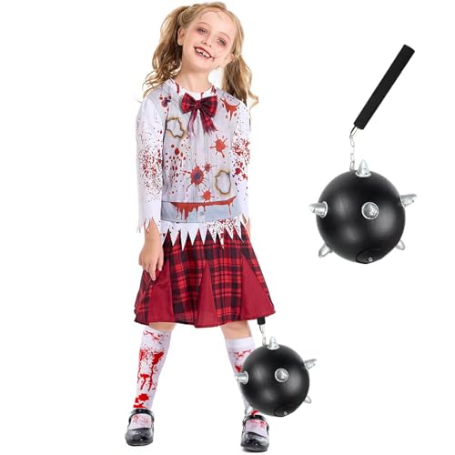 Halloween Kostüm Zombie Mädchen,Zombie Kostüm Kinder mit Meteorhammer Requisiten,5-12 Jahre Gruselige Zombie Cheerleader Kostüm Mädchen Horror für Halloween Karnevals Cosplay von KYOEOE