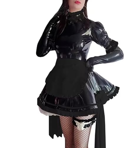 KYXSPINWARDPV Dienstmädchenkleid, glänzend, PVC-Leder, Rüschen, hoher Kragen, französisches Cosplay, Dienstmädchen, Anime, Halloween, Kostüme, Schwarz, Größe 5XL von KYXSPINWARDPV