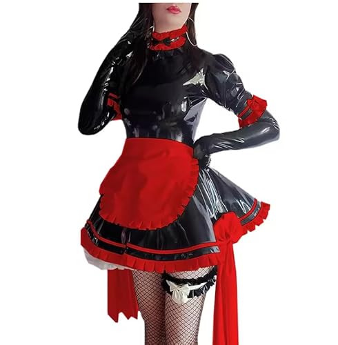 KYXSPINWARDPV Dienstmädchenkleid, glänzend, PVC-Leder, Rüschen, hoher Kragen, französisches Cosplay, Dienstmädchen, Anime, Halloween-Kostüme, personalisierbar, Rot, Größe 3XL von KYXSPINWARDPV