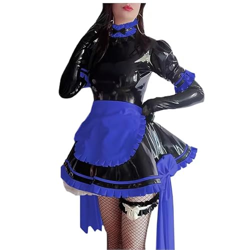 KYXSPINWARDPV Dienstmädchenkleid aus glänzendem PVC-Leder, für Herren und Damen, Rüschen, hoher Kragen, französisches Cosplay, Dienstmädchenuniform, Anime, Halloween-Kostüme, Königsblau, Größe 5XL von KYXSPINWARDPV