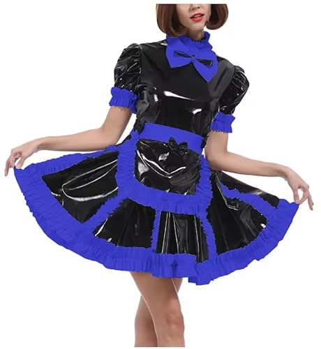 KYXSPINWARDPV Herren PVC Leder Sissy Crossdresser Kostüm Französisch Mädchen Abschließbar Cosplay Kostüm Halloween Plüsch Kostüm mit Schürze Personalisiert, Blau, M von KYXSPINWARDPV