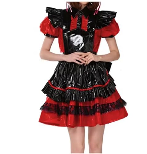 KYXSPINWARDPV Sissy Abschließbares, plissiertes Dienstmädchenkleid mit Schürze, große Schleife, A-Linie, Wetlook, PVC, Dienstmädchenuniform, Halloween, Party, ausgefallenes Cosplay-Kostüm, von KYXSPINWARDPV