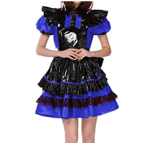 KYXSPINWARDPV Sissy Abschließbares plissiertes Dienstmädchenkleid mit Schürze, große Schleife, A-Linie, Wetlook, PVC, Dienstmädchenuniform, Halloween, Party, ausgefallenes Cosplay, Kostüm, Anpassung, von KYXSPINWARDPV