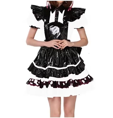 KYXSPINWARDPV Sissy Abschließbares plissiertes Dienstmädchenkleid mit Schürze, große Schleife, A-Linie, Wetlook, PVC, Dienstmädchenuniform, Halloween, Party, ausgefallenes Cosplay, Kostüm, Anpassung, von KYXSPINWARDPV