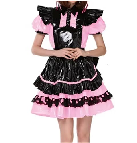 KYXSPINWARDPV Sissy Abschließbares plissiertes Dienstmädchenkleid mit Schürze, große Schleife, A-Linie, Wetlook, PVC, Dienstmädchenuniform, Halloween, Party, ausgefallenes Cosplay, Kostüm, von KYXSPINWARDPV