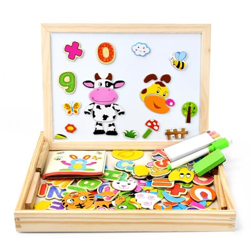 KYYGKY Magnetisches Holzpuzzle 163 Stücke Holzpuzzle Spielzeug Doppelseitige Magnettafel Wald Holz Magnetpuzzle Tiermuster Pädagogisches Montessori Magic Board Geschenk Kinder von 3 4 5 Jahren von KYYGKY