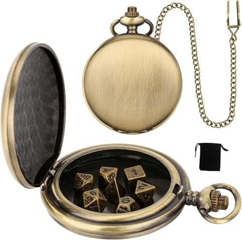 KZXCVS Mini-DND-Würfel Set mit Bronzefarbenen,Glattem Taschenuhrgehäuse 7-teiliges D&D-Würfelset aus Polyedrischem Metall D&D-Geschenke mit Rollenspiel-Brettspielzubehör von KZXCVS