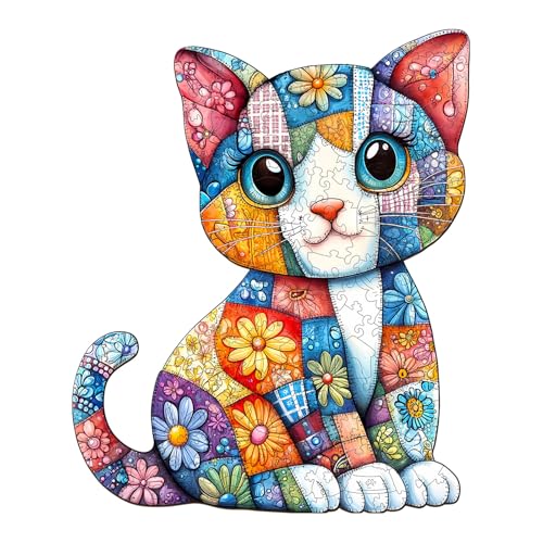 KaayeeWood Holzpuzzle Erwachsene,190 Teile Patchwork Katze Holz Puzzle,Einzigartige Wooden Puzzle Mit Box Aus Holz Geburtstagsgeschenk für Erwachsene und Kinder von KaayeeWood