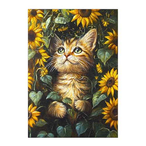 KaayeeWood Holzpuzzle Erwachsene,190 Teile Sonnenblume und Katze Holz Puzzle,Einzigartige Wooden Puzzle Mit Box Aus Holz Geburtstagsgeschenk für Erwachsene und Kinder von KaayeeWood