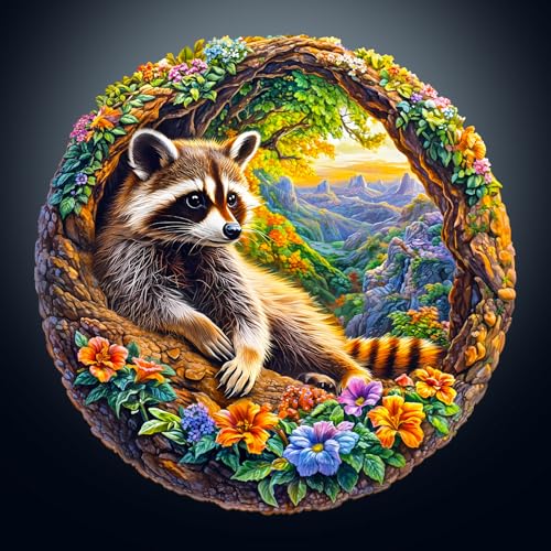 KaayeeWood Holzpuzzle Erwachsene,200 Stück 3D Vision Effekt Raccoon Bliss,Unregelmäßige Einzigartige Puzzle,Holz Puzzle Mit Box Aus Holz Geburtstagsgeschenk für Erwachsene und Kinder von KaayeeWood