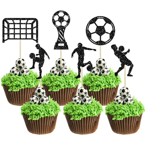 Kabwea 24pcs FußBall Cupcake Toppers Glitter FußBall Cupcake Kuchen FußBall Deko Cake Topper Geburtstag Tortenaufleger Fussball Tortendeko Fussball Deko Geburtstag Kinder von Kabwea