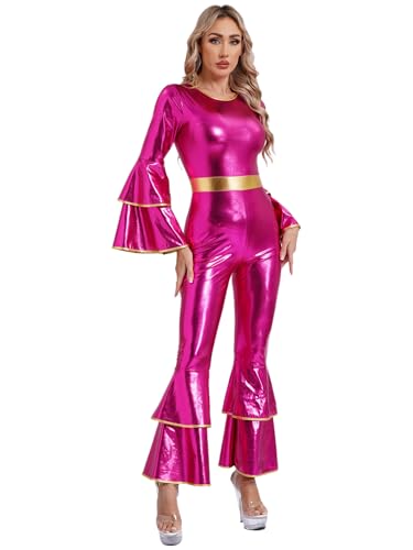 Kaerm 70er Jahre Disco Outfit Damen Glitzer Ganzkörperanzug Metallic Body Trompetenärmel Tanzanzug Mit Schlag Holographic Rave Outfit Hot Pink 3XL von Kaerm