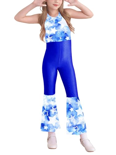 Kaerm 70er Jahre Disco Outfit Mädchen Ganzkörper Body Ärmellos Overall Motiv Jumpsuit Cut Out Tanzanzug Mit Weites Bein Retro Mottoparty Verkleidung Königsblau 110-116 von Kaerm