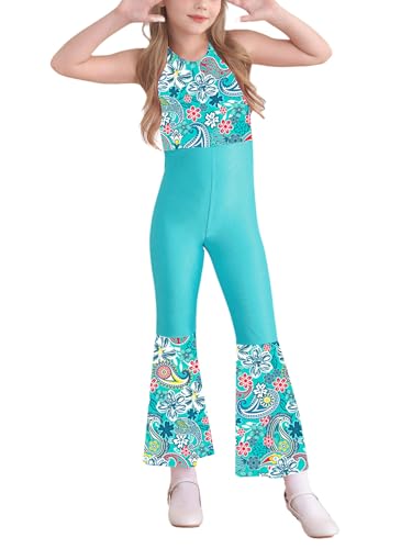 Kaerm 70er Jahre Disco Outfit Mädchen Ganzkörper Body Ärmellos Overall Motiv Jumpsuit Cut Out Tanzanzug Mit Weites Bein Retro Mottoparty Verkleidung Minzgrün 170 von Kaerm