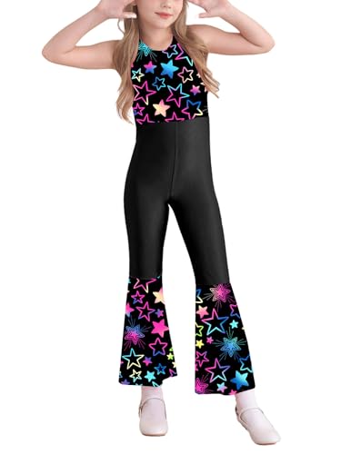 Kaerm 70er Jahre Disco Outfit Mädchen Ganzkörper Body Ärmellos Overall Motiv Jumpsuit Cut Out Tanzanzug Mit Weites Bein Retro Mottoparty Verkleidung Schwarz 158-164 von Kaerm